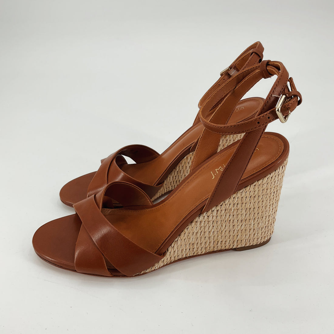 J. Marc Cognac Espadrille Wedge Sandals with Rhinestone Ankle Strap | Size 9.5