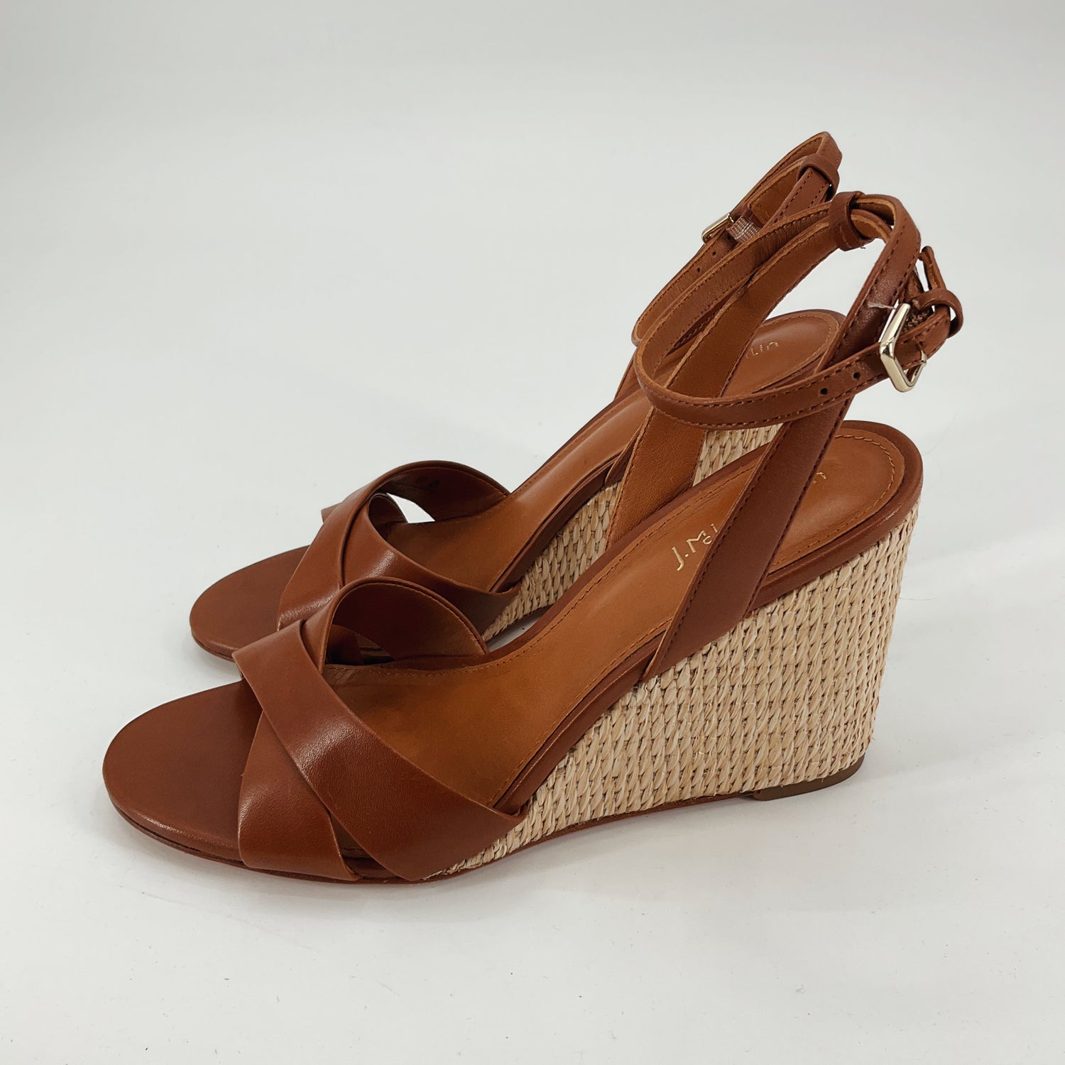 J. Marc Cognac Espadrille Wedge Sandals with Rhinestone Ankle Strap | Size 9.5