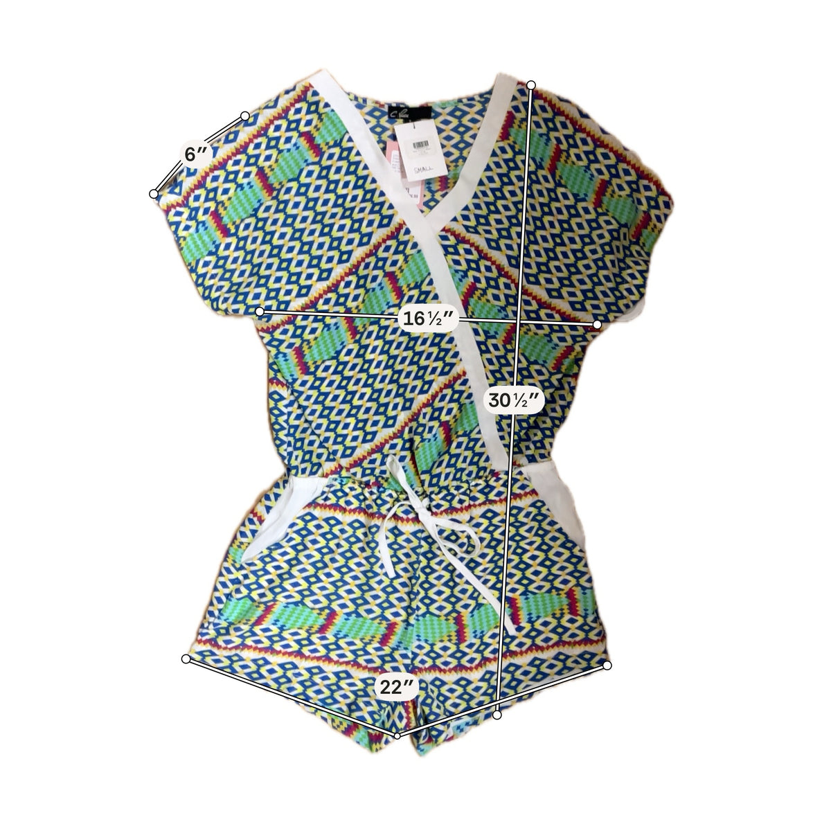 C. Luce Multi Color Romper Geometric Ikat Print Romper V-Neck Drawstring Pockets NWT Size Small - Size S