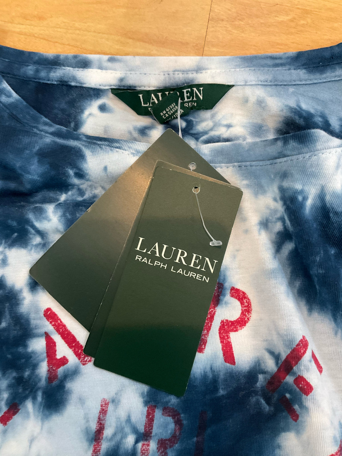 Lauren Ralph Lauren Tie-Dye Graphic Logo T-Shirt Size XL Blue White