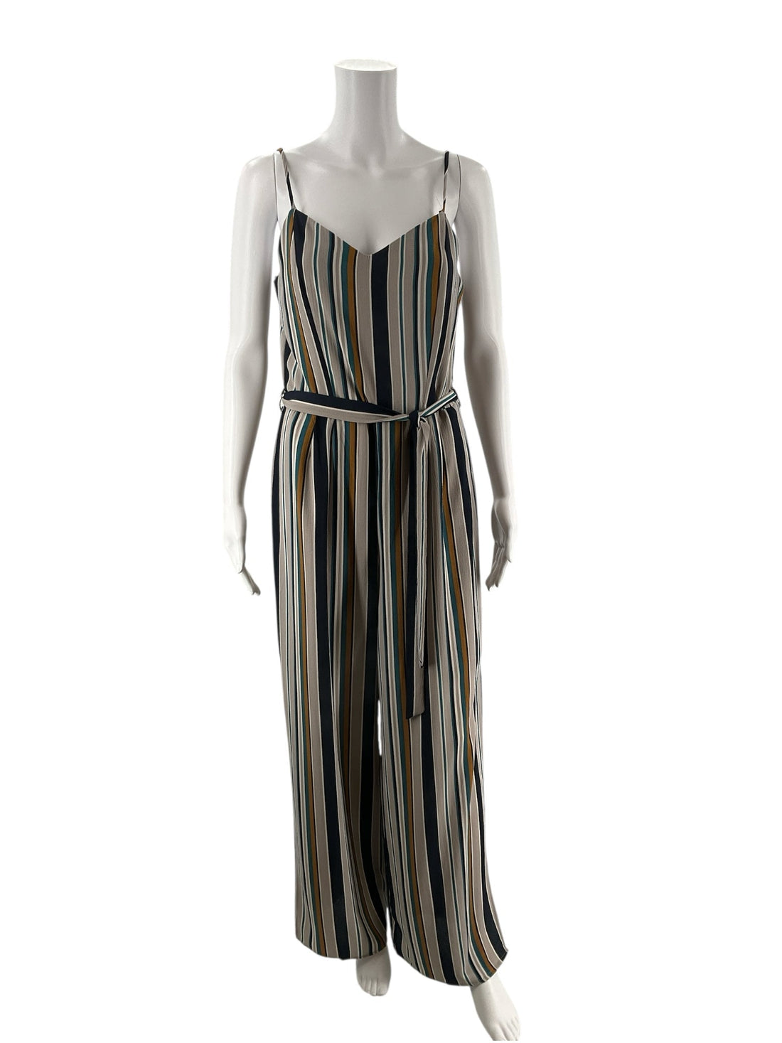Monteau gray, navy, and mustard striped wide leg jumpsuit, sleeveless, V-neck, size large, perfect for summer casual wear.