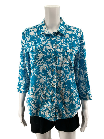 Jones New York Signature Petite Floral Roll-Tab Button Up Blouse Size PL
