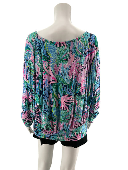 Lilly Pulitzer Neveah Top Sink Or Swim Print Blouson Dolman Sleeve L