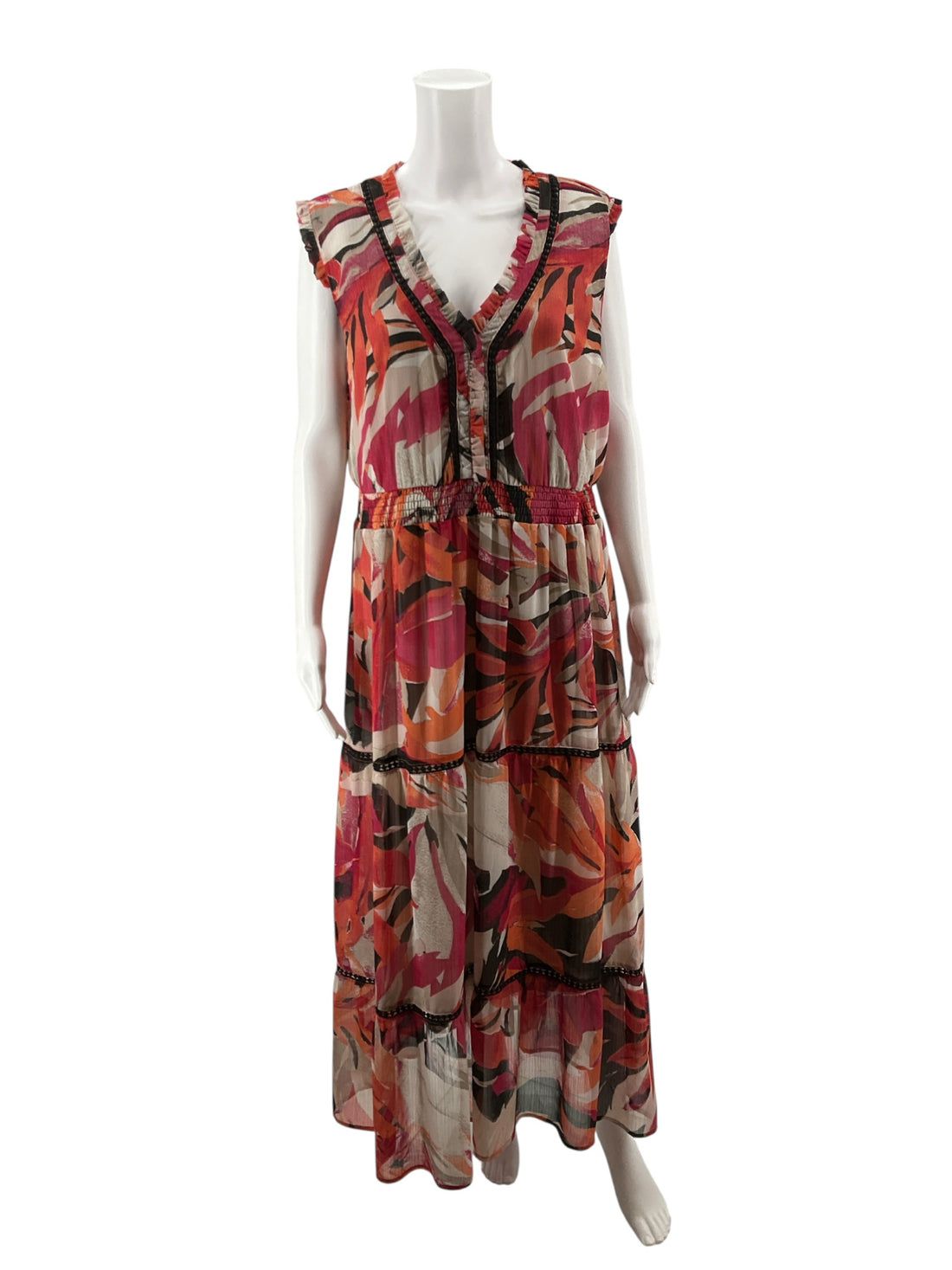 John Paul Richard tan/coral/pink Maxi Tropical Floral Ruffle Trim Maxi Dress Size Large - Size L