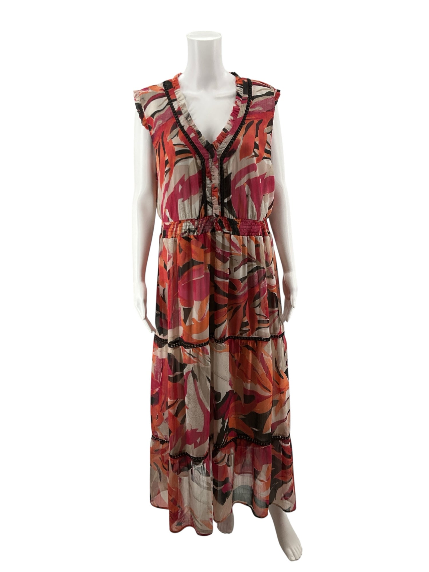 John Paul Richard tan/coral/pink Maxi Tropical Floral Ruffle Trim Maxi Dress Size Large - Size L