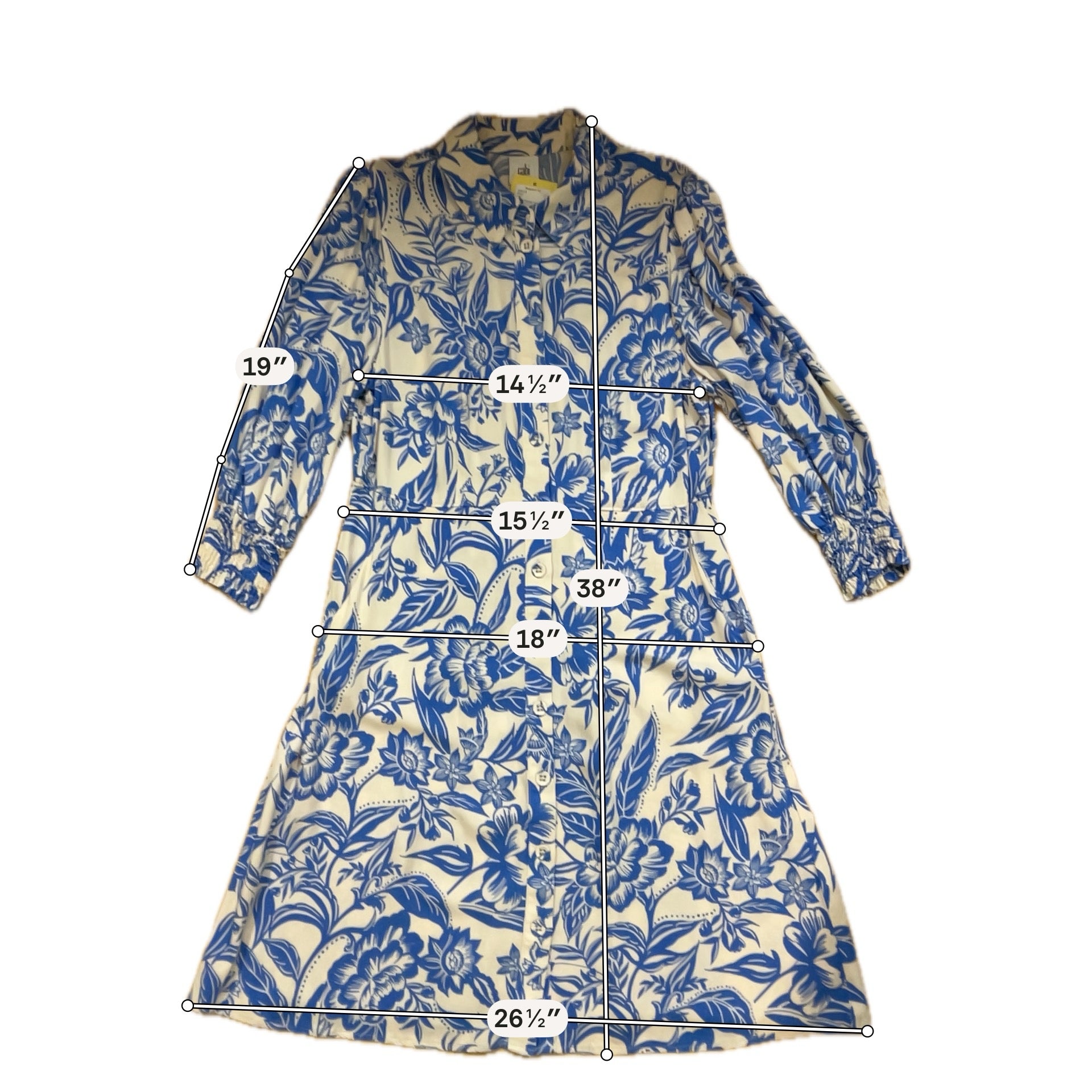 cabi BLUE/CREAM Long Sleeve China Print Dress Blue Cream Floral Chinoiserie Button Front Shirtdress Medium - Size M
