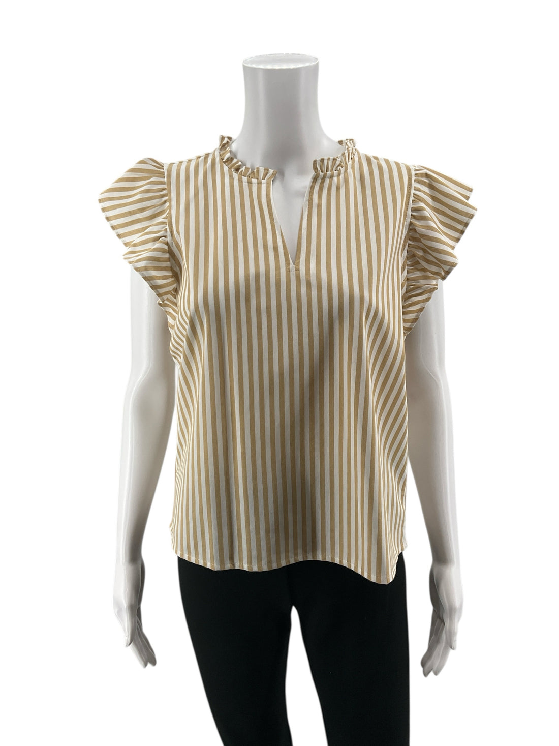 Ann Taylor tan/white Cap Sleeve Tan &amp; White Stripe Flutter Sleeve Top Size XS - Size XS
