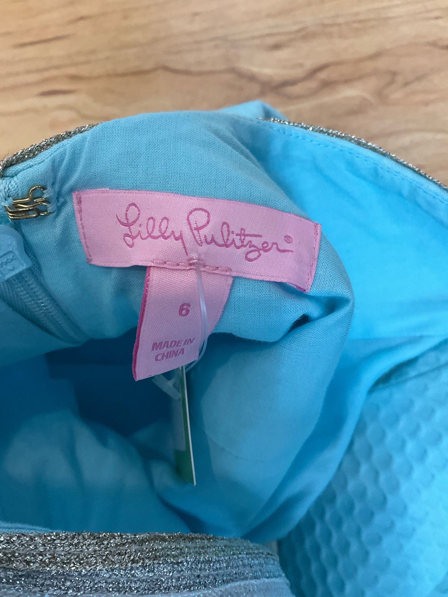 Lilly Pulitzer Kenzie Dress Size 6 Resort Aqua Gold Beaded V-Neck Mini