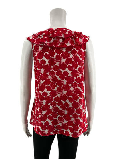 cabi White/Red Sleeveless Rose Top Floral Ruffle V-Neck Sleeveless Blouse Size Small - Size S
