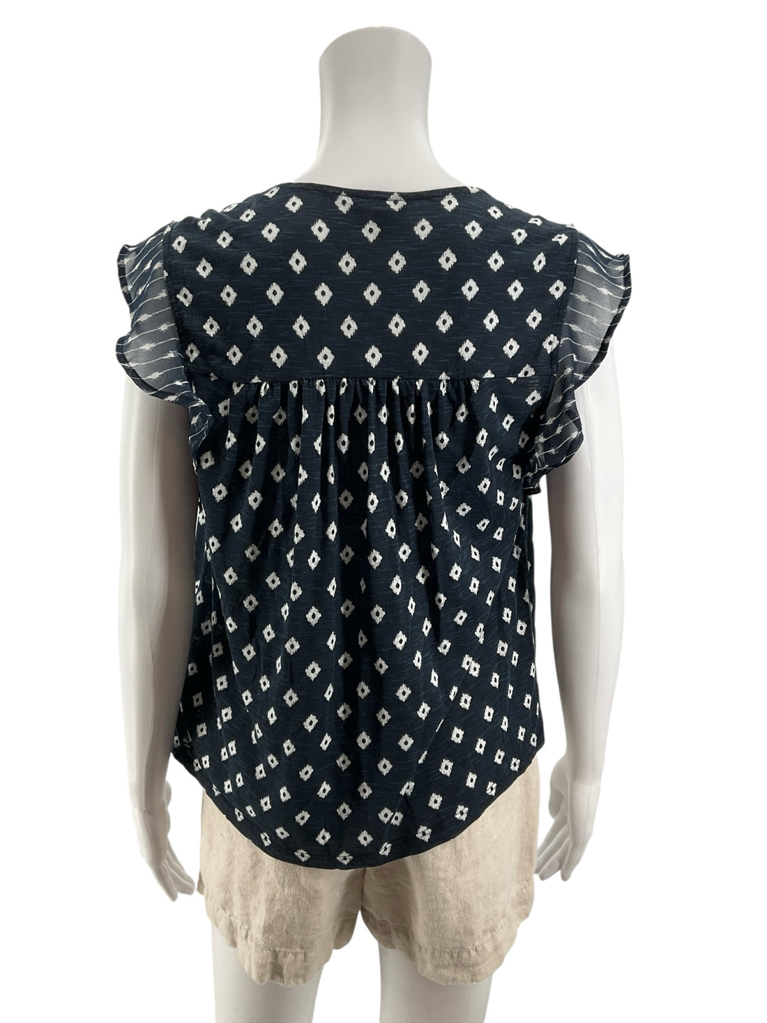 Lucky Brand Navy Ikat Diamond Print Mixed Media Top Size Small