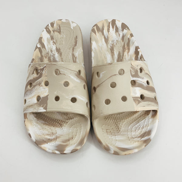 Top view of Crocs Tan/White Tye Dye Pre-Owned Ladies Sandals Size 8 featuring slip-on design and breathable perforated strap.