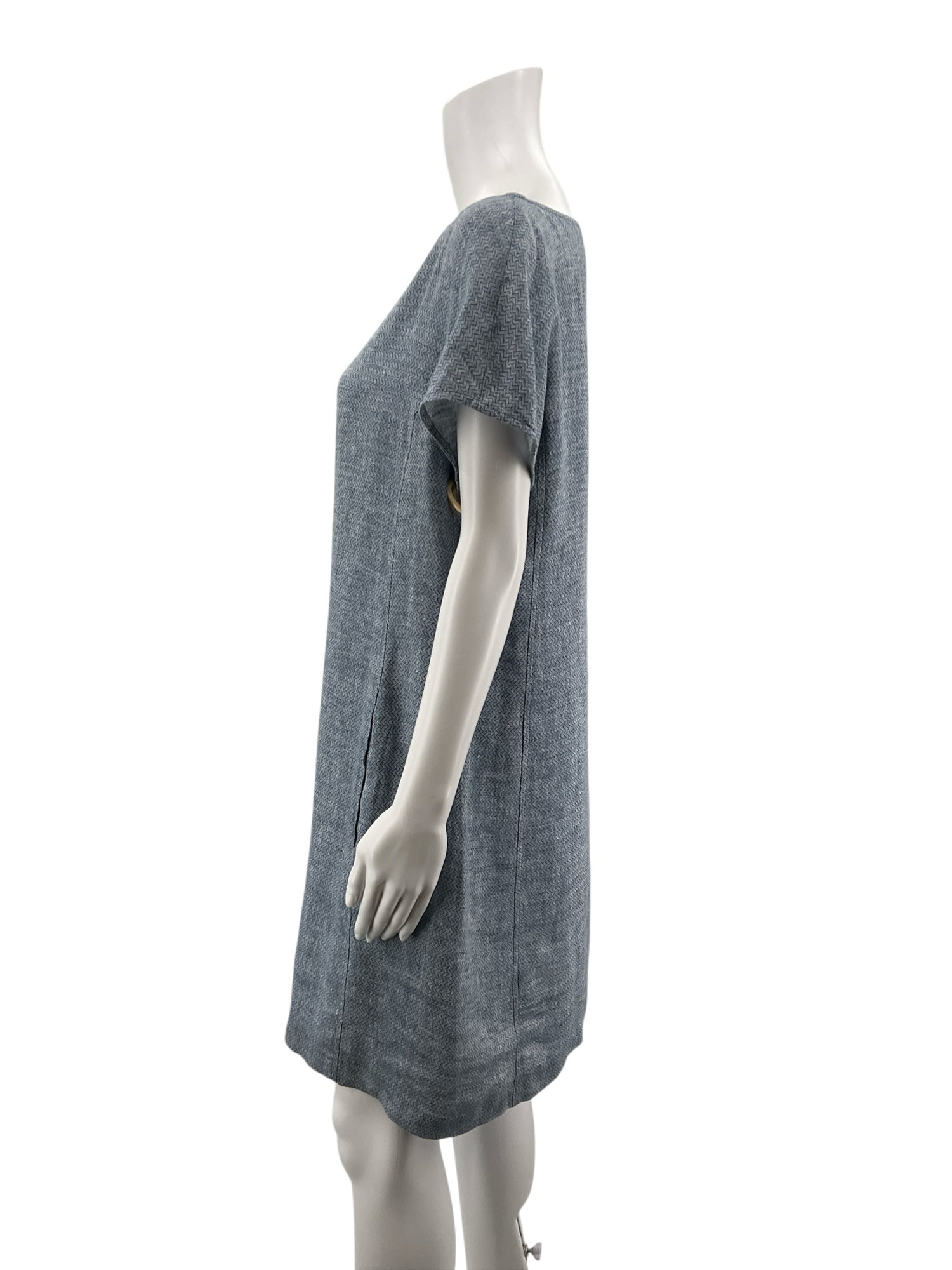 Eileen Fisher Blue Shift Organic Linen Herringbone Tunic Dress Size Small Slate Blue Pockets - Size S