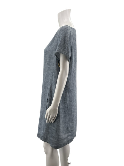 Eileen Fisher Blue Shift Organic Linen Herringbone Tunic Dress Size Small Slate Blue Pockets - Size S