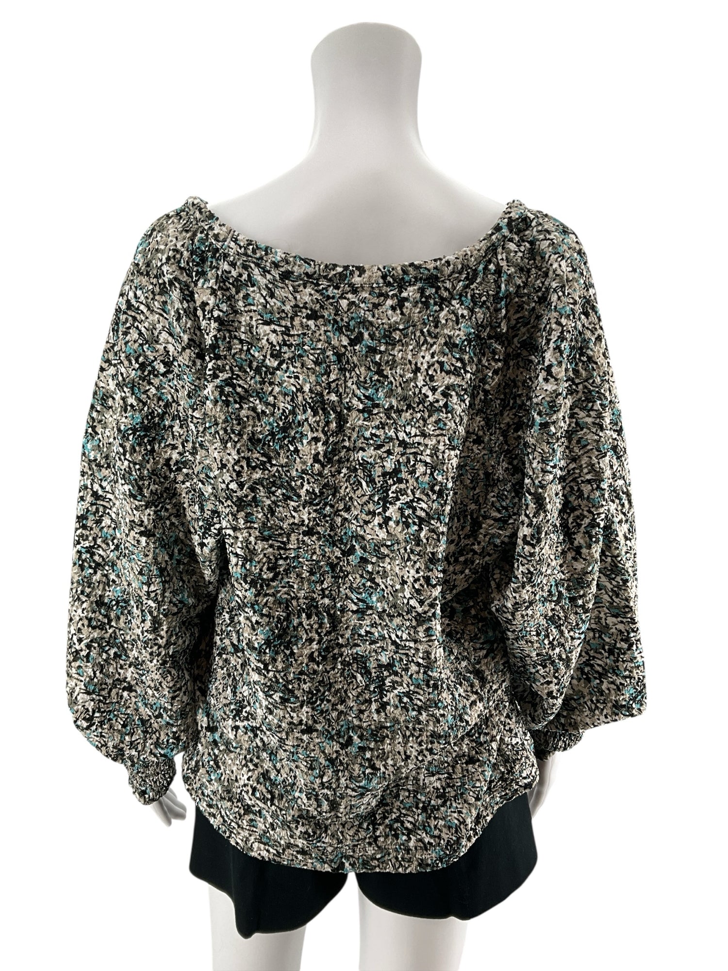LOFT Abstract Print Smocked Cuff Blouson Top Black Aqua Size Large