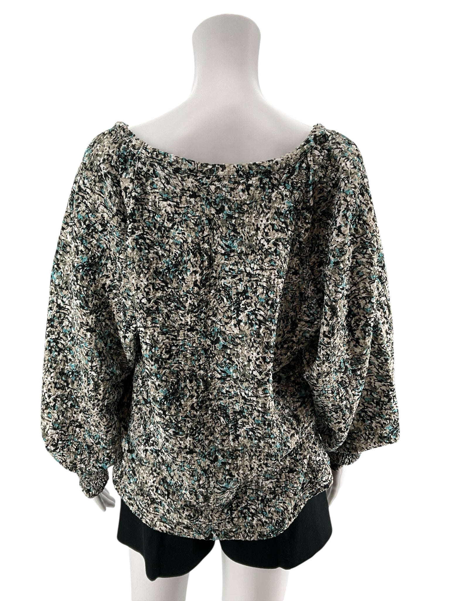 LOFT Abstract Print Smocked Cuff Blouson Top Black Aqua Size Large