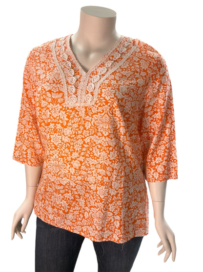 Carole Little Size 2X White/Orange Floral Casual Top - Upstairs