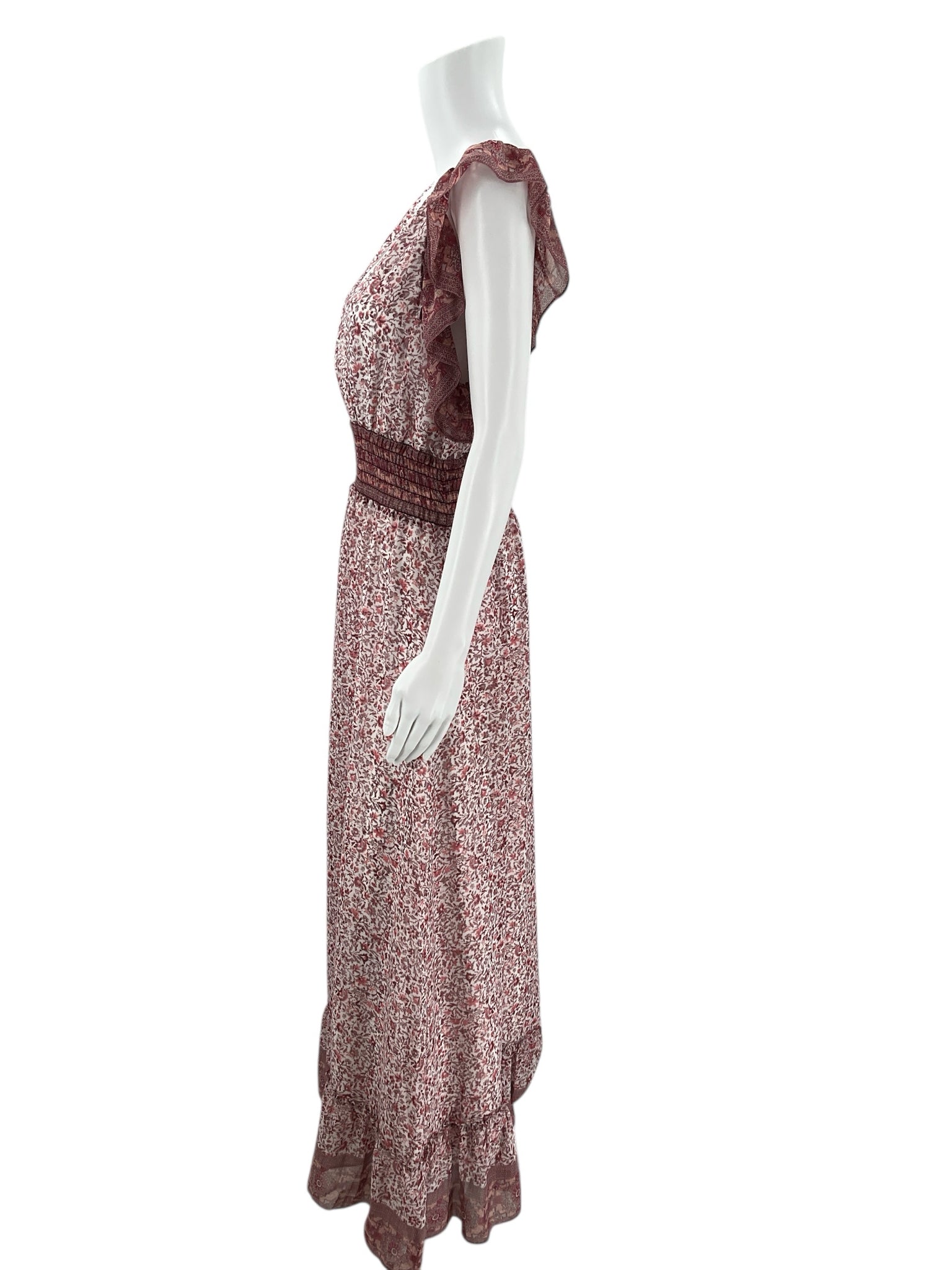 Side profile of Ella Moon Mauve/White Floral Maxi Dress - Size Large featuring ruffled sleeves and floral print. Pre-owned and stylish.