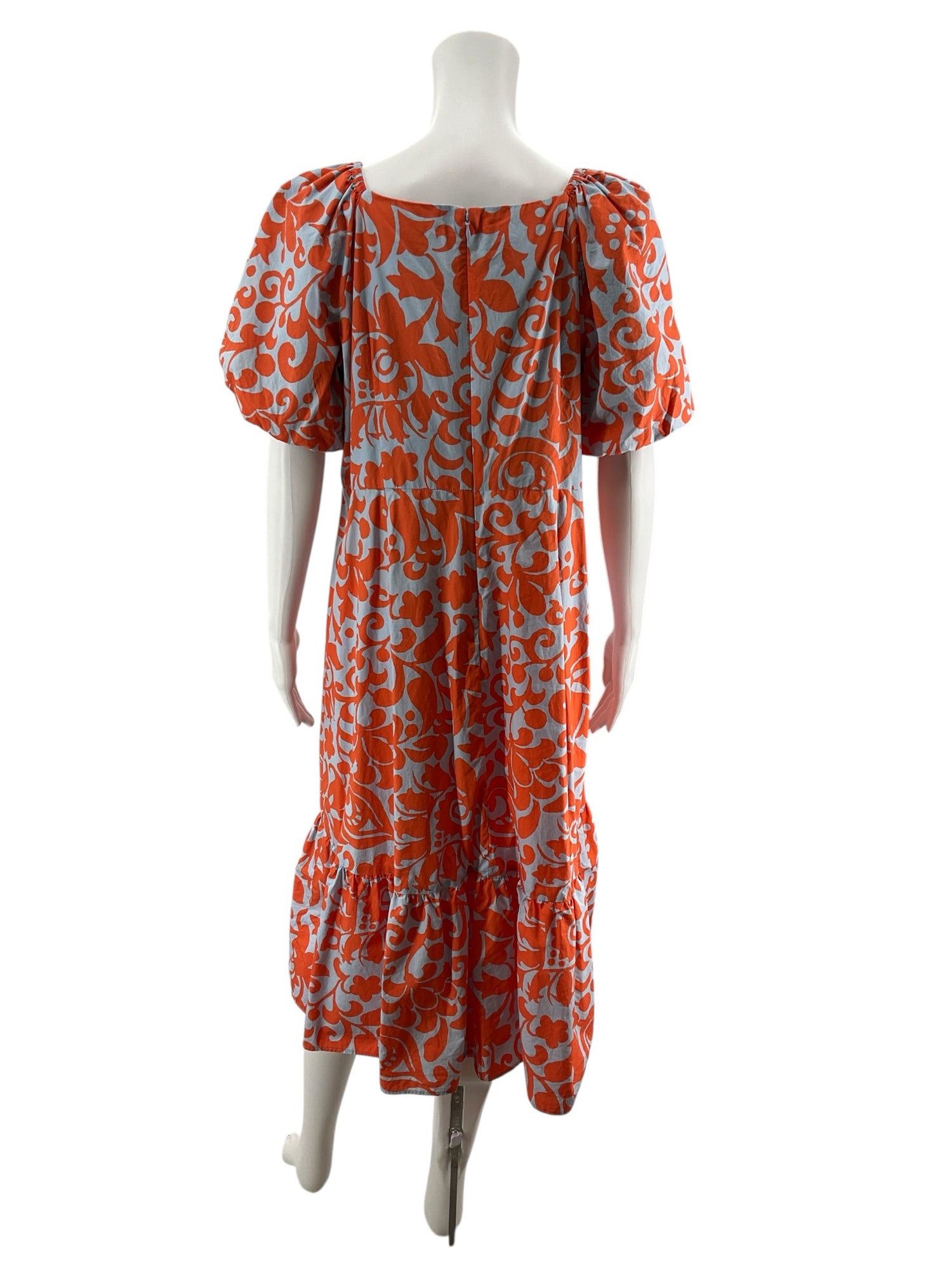 Talbots Floral Scroll Tiered Popover Dress Blue Orange Size 14