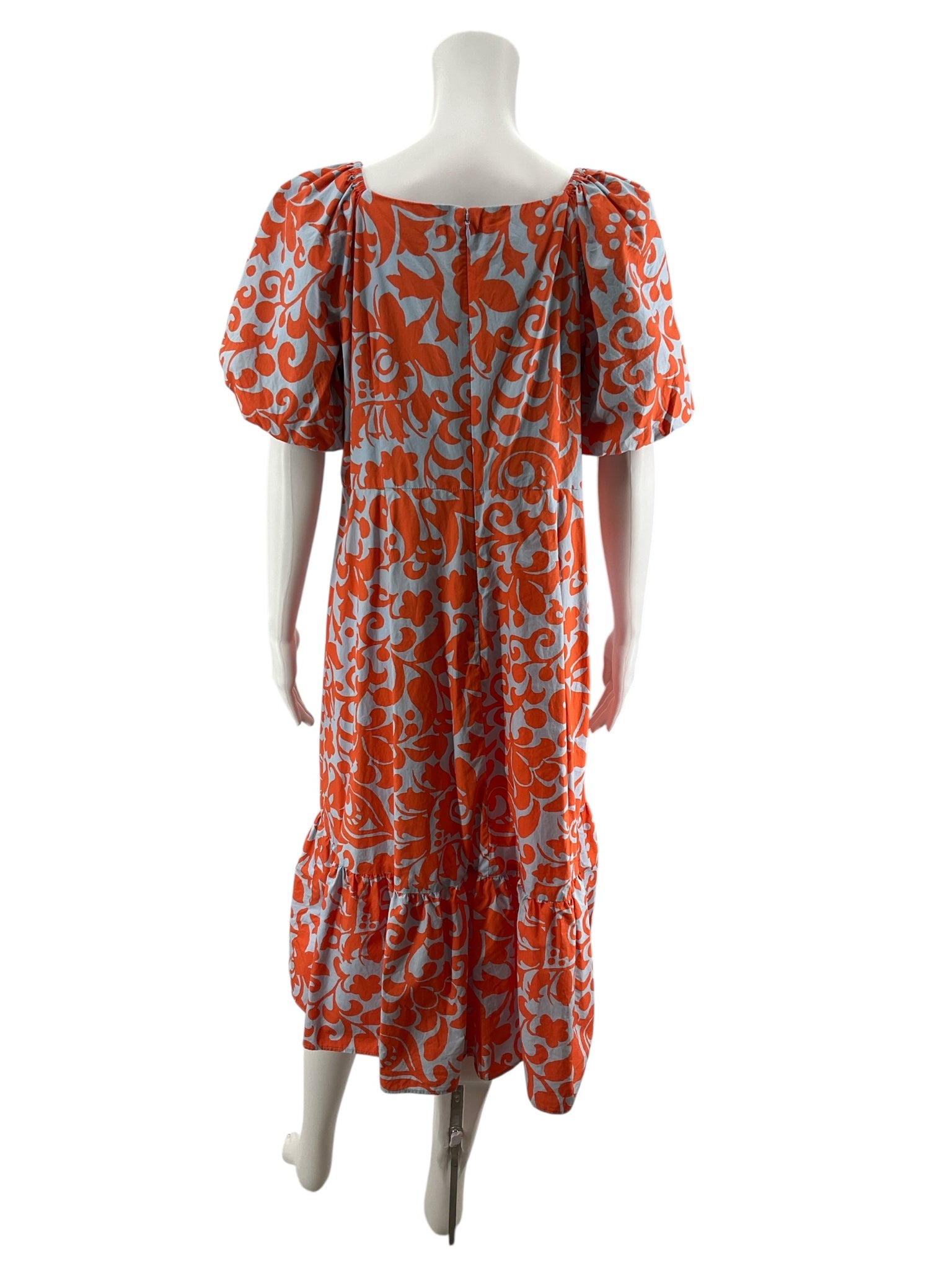Talbots Floral Scroll Tiered Popover Dress Blue Orange Size 14