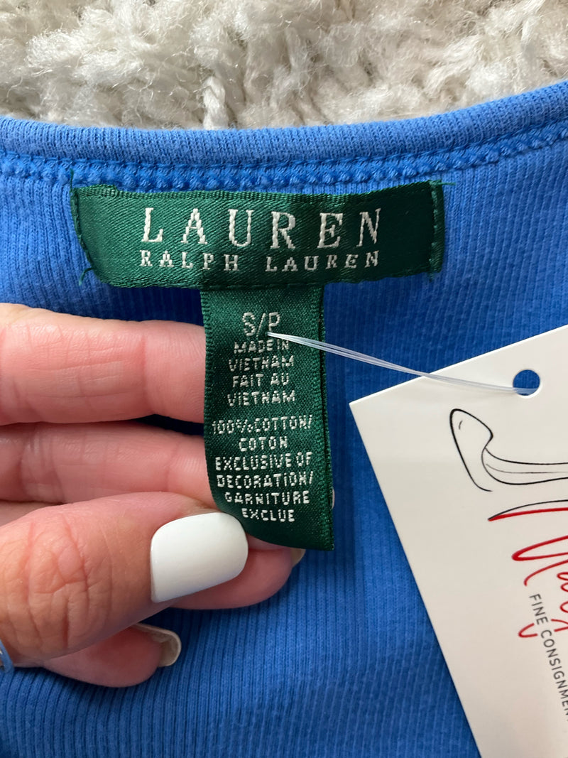 Close-up of Lauren Ralph Lauren brand tag on blue ribbed tank top, showing size S/P and 100% cotton material details.