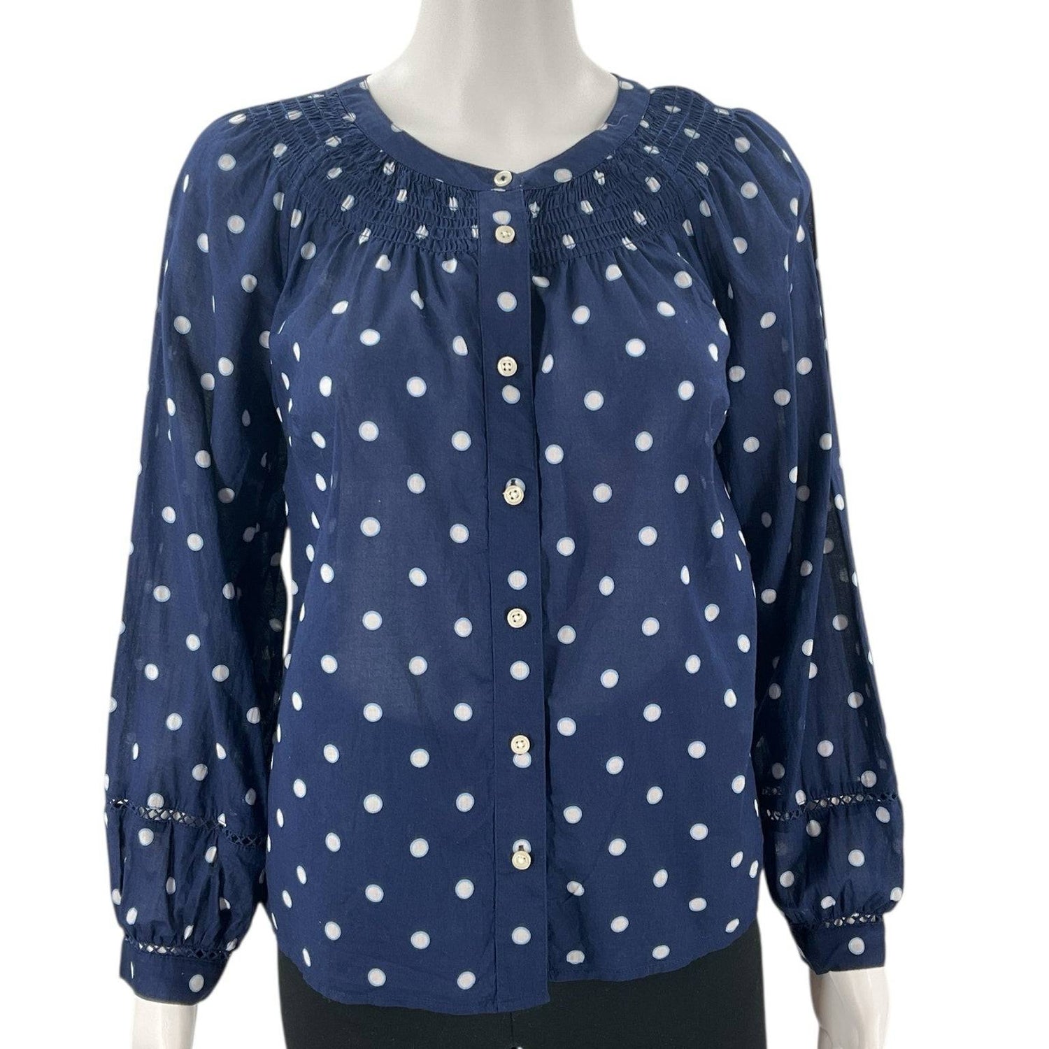 Talbots Navy/White Polka Dot Pre-Owned Ladies Top - Size Petite - Margaret’s Fine Consignment