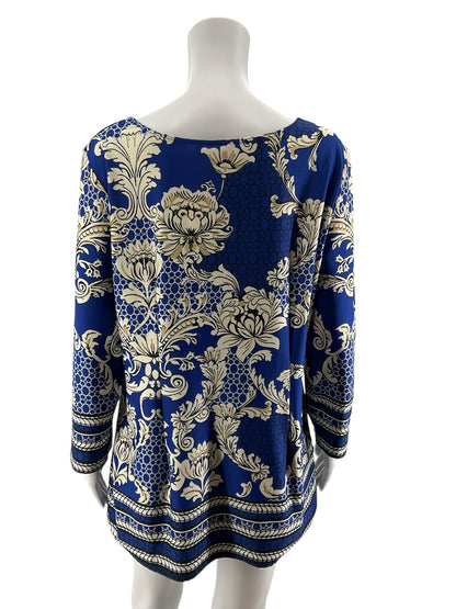 Sunny Leigh Blue Tan Baroque Floral Print Tunic Top Size XL