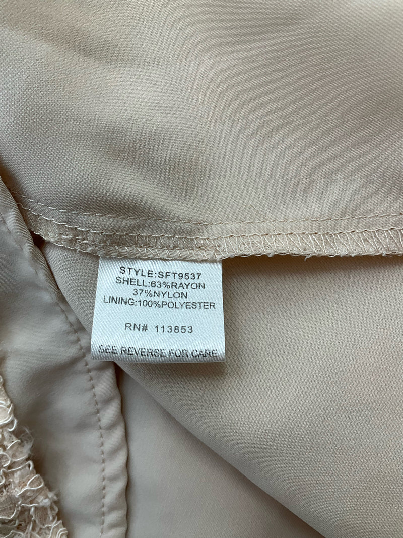 Fabric content tag of 41 Hawthorn Beige Lace Pre-Owned Ladies Top - Size XS, indicating rayon blend shell and polyester lining.