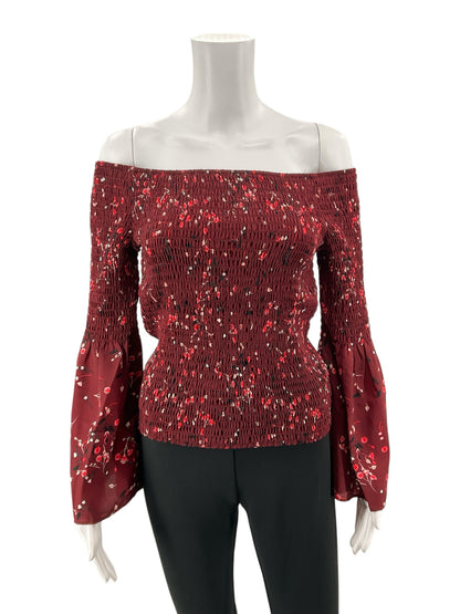 Express Floral Smocked Off The Shoulder Top Burgundy Blouse Size Medium
