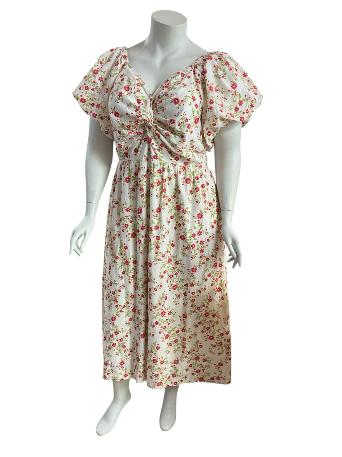 Lea &amp; Nicole white/red/green Maxi Floral Puff Sleeve Midi Dress Plus Size 1X NWT - Size 1X