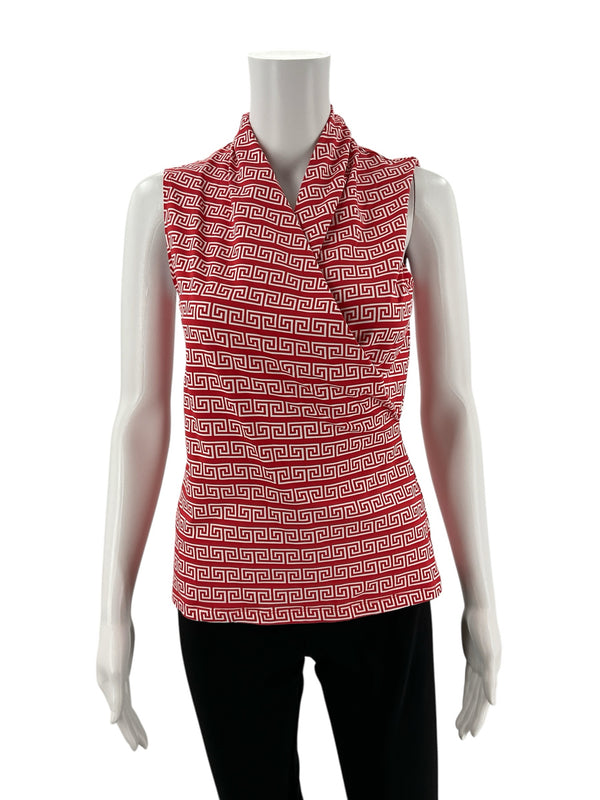Pre-owned J. McLaughlin coral and white Greek Key print cowl neck top on mannequin. Stretchy Catalina Cloth fabric in size small.