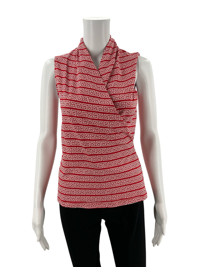 Pre-owned J. McLaughlin coral and white Greek Key print cowl neck top on mannequin. Stretchy Catalina Cloth fabric in size small.
