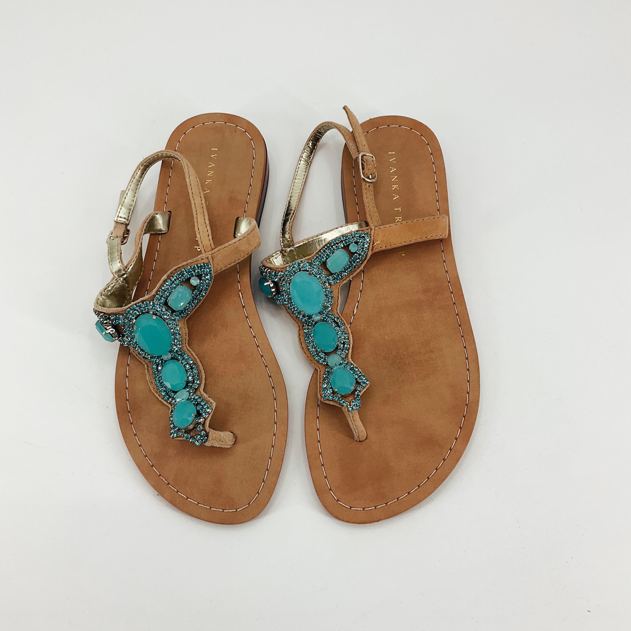 Ivanka Trump Tropica Jeweled T-Strap Sandals Tan Turquoise Size 7.5