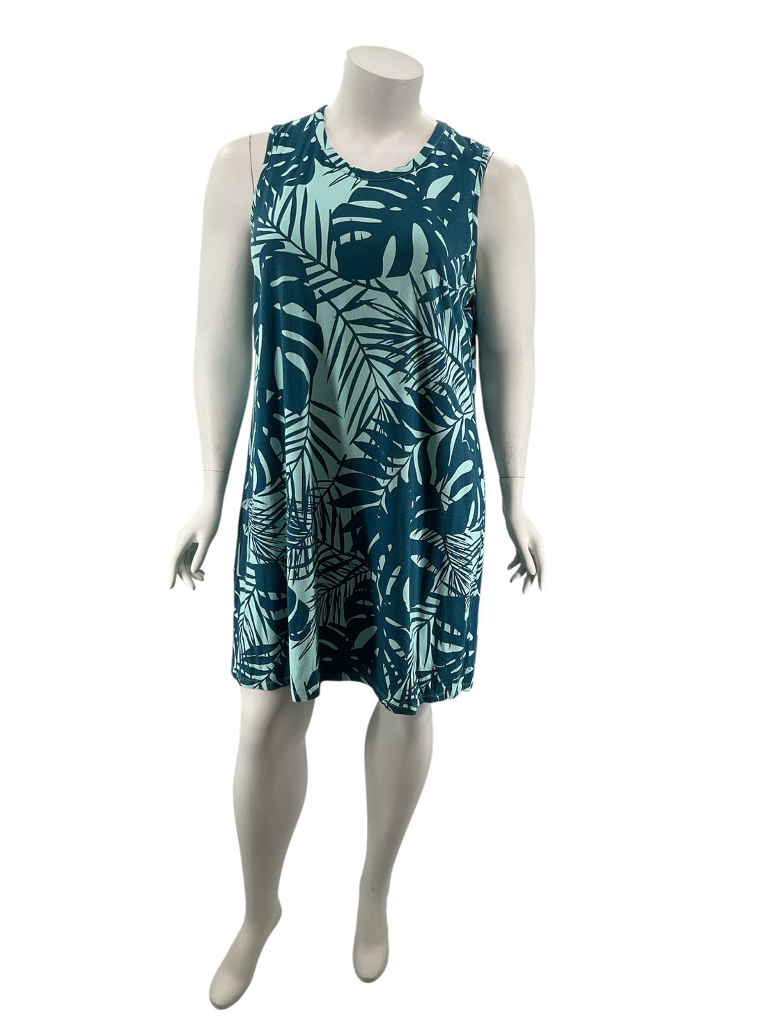 Natural Reflections Tropical Leaf Print Tunic Dress Teal Cotton Blend XXL