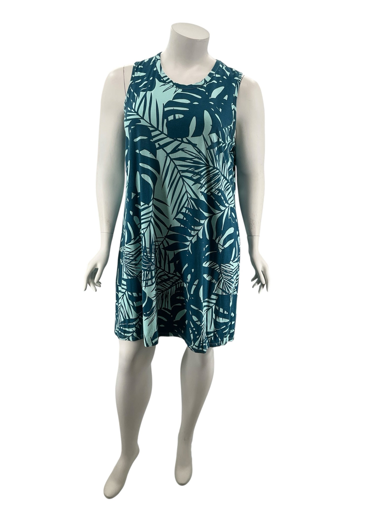 Natural Reflections Tropical Leaf Print Tunic Dress Teal Cotton Blend XXL