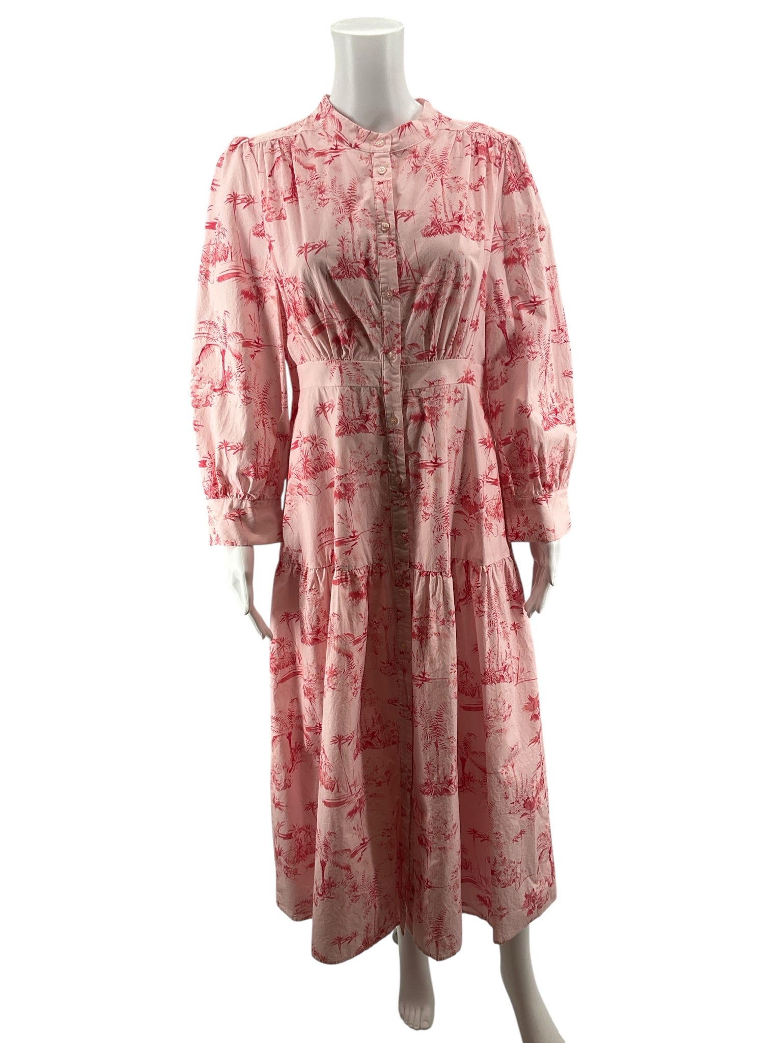 Sugar Lips pink/red Maxi Pink &amp; Red Tropical Toile Print Cotton Midi Shirt Dress Size Large - Size L
