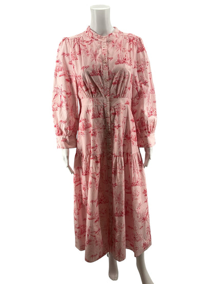 Sugar Lips pink/red Maxi Pink &amp; Red Tropical Toile Print Cotton Midi Shirt Dress Size Large - Size L