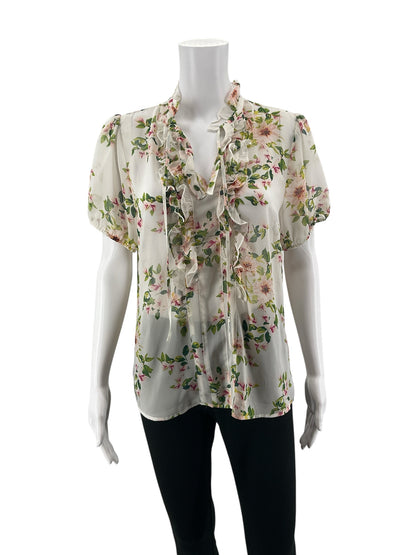Eva Mendes for New York &amp; Company white/green/pink Short Sleeve Floral Ruffle Tie-Neck Blouse Size Medium NWT - Size M