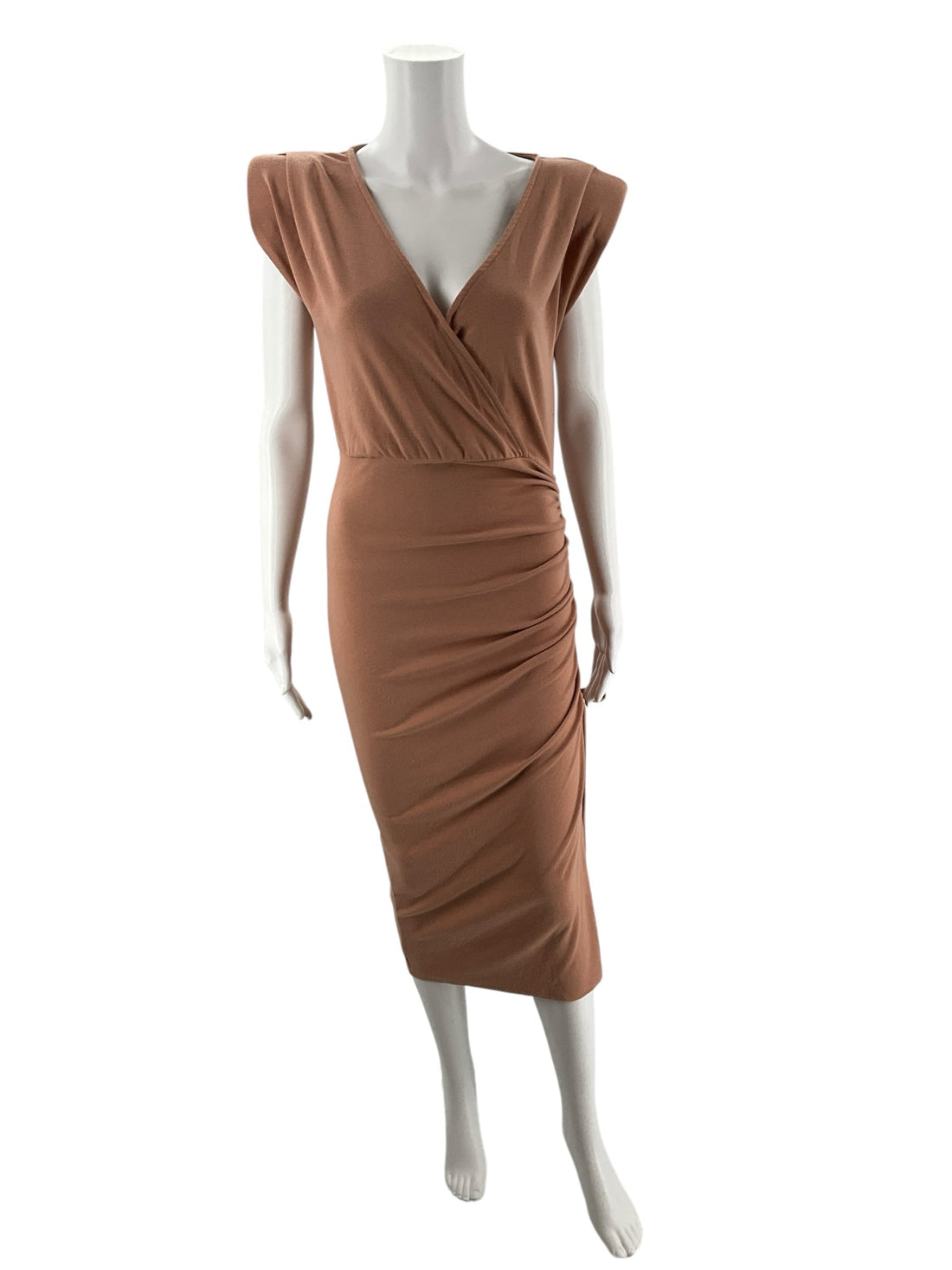 Gibson Look salmon midi dress with faux wrap, ruched side-tie, cap sleeves, and pencil skirt design in size small.