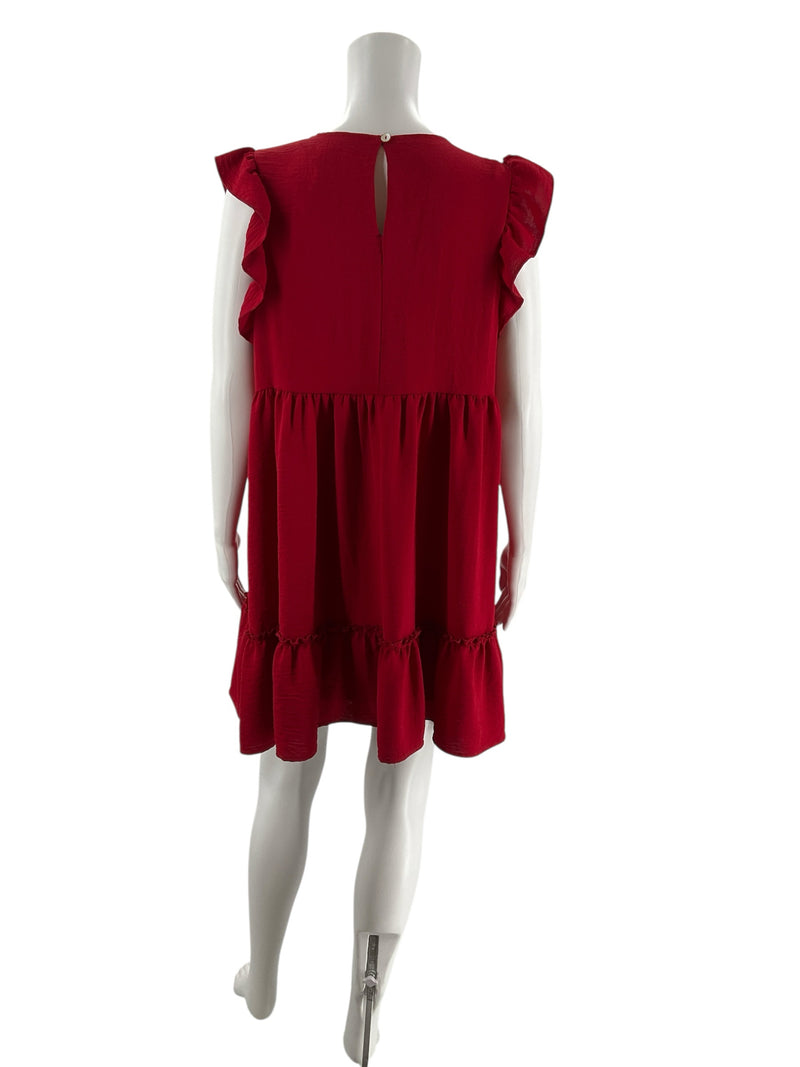 Back view of Altar'd State red pre-owned mini dress with keyhole button closure and ruffle detailing, tiered design in size large.