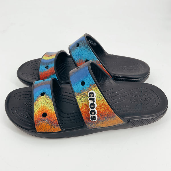 Crocs Rainbow Print Pre-Owned Ladies Sandals - Size 8 featuring a vibrant heat map design with dual straps and black Croslite sole for comfort wear.