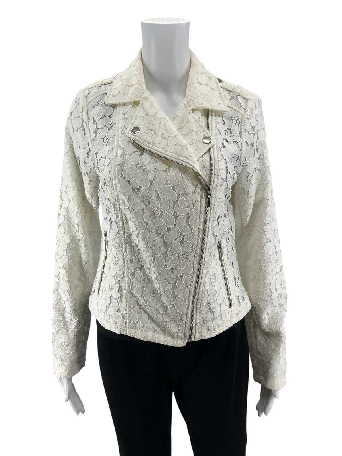 INC International Concepts Ivory Floral Lace Moto Jacket Size Medium