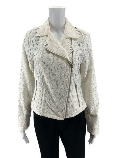 INC International Concepts Ivory Floral Lace Moto Jacket Size Medium