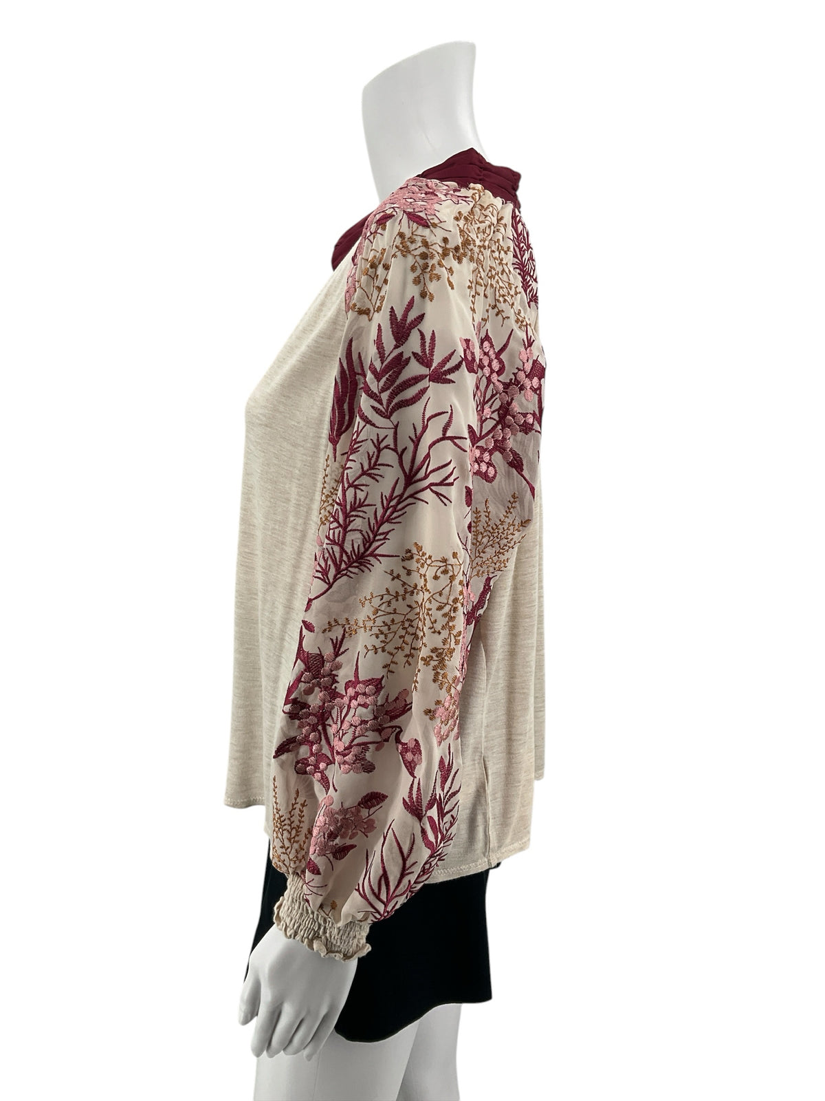 Tiny Anthropologie Embroidered Sleeve Boho Peasant Top Tan Maroon Size Large - ONLINE ONLY