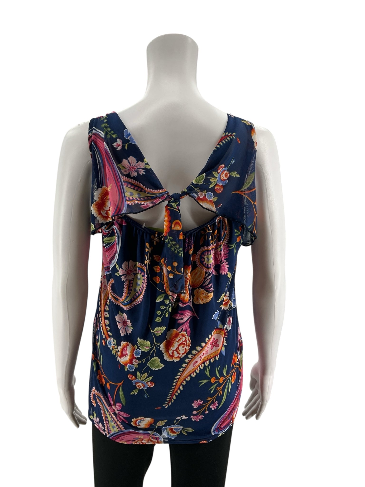 Espresso Paisley Floral Ruffle Tie-Back Tank Top Blue Multi Size Small