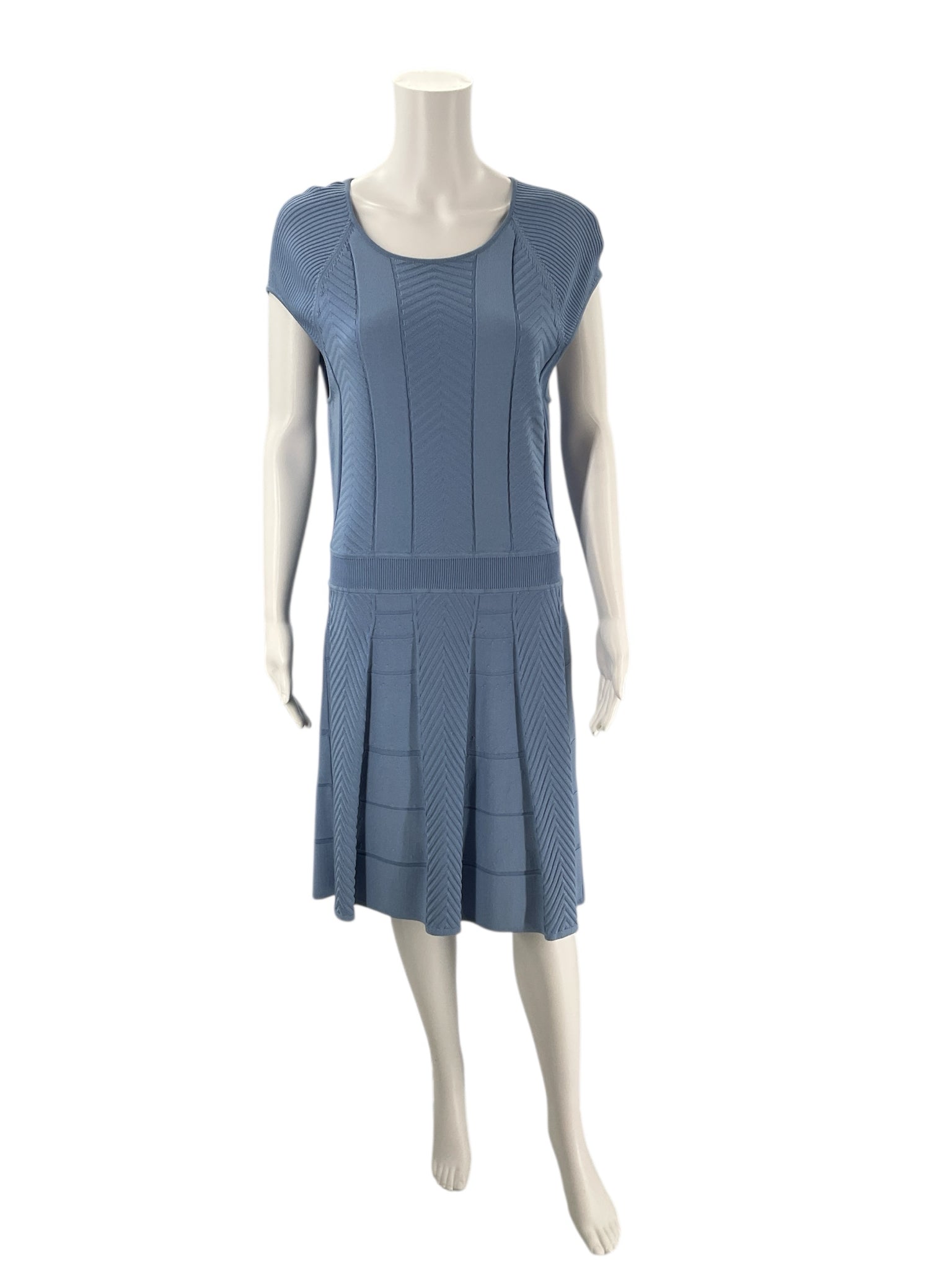 Cynthia Steffe Blue Textured Dress - Size Large with short sleeves and pleated skirt, gently used and ideal for work or events.