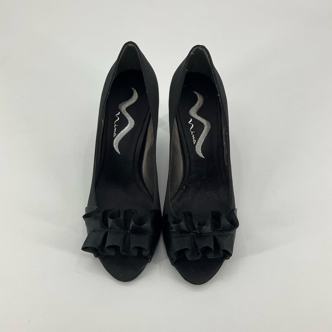 Nina Forbes Black Satin Ruffle Peep Toe Platform Heels Size 8 - ONLINE ONLY