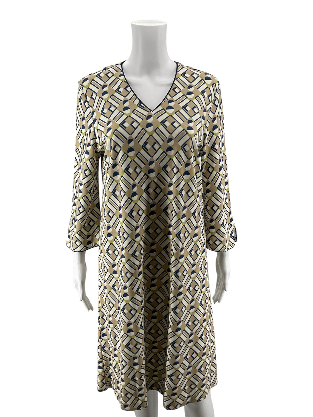 J. McLaughlin Catalina Cloth Geometric Print Shift Dress 3/4 Bell Sleeve Size Medium