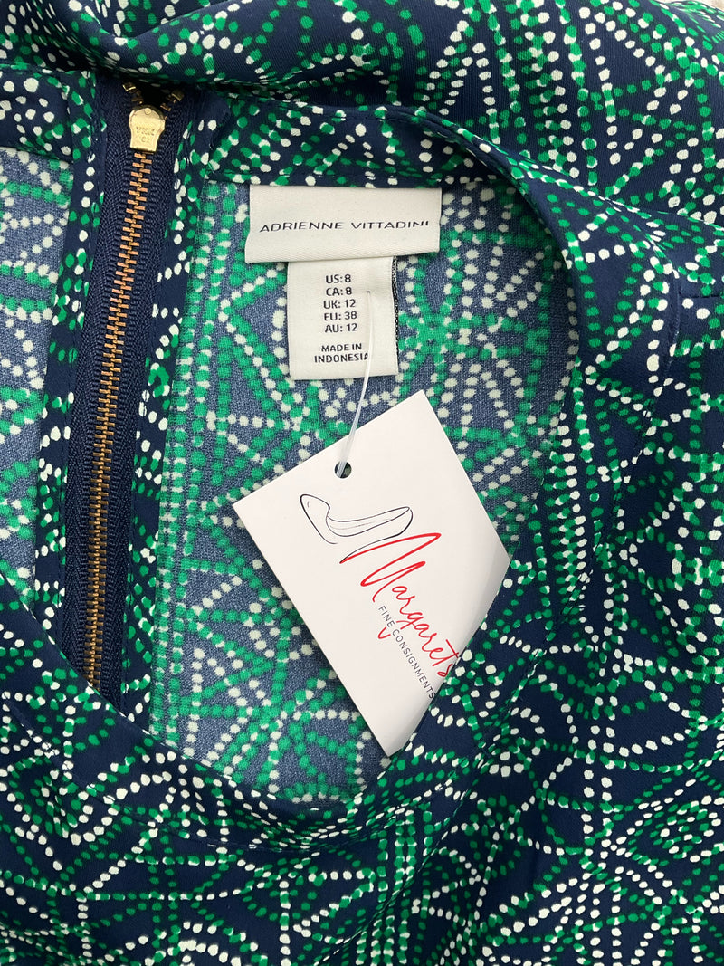 Adrienne Vittadin Green/Navy Print Pre-Owned Ladies Dress - Size 8