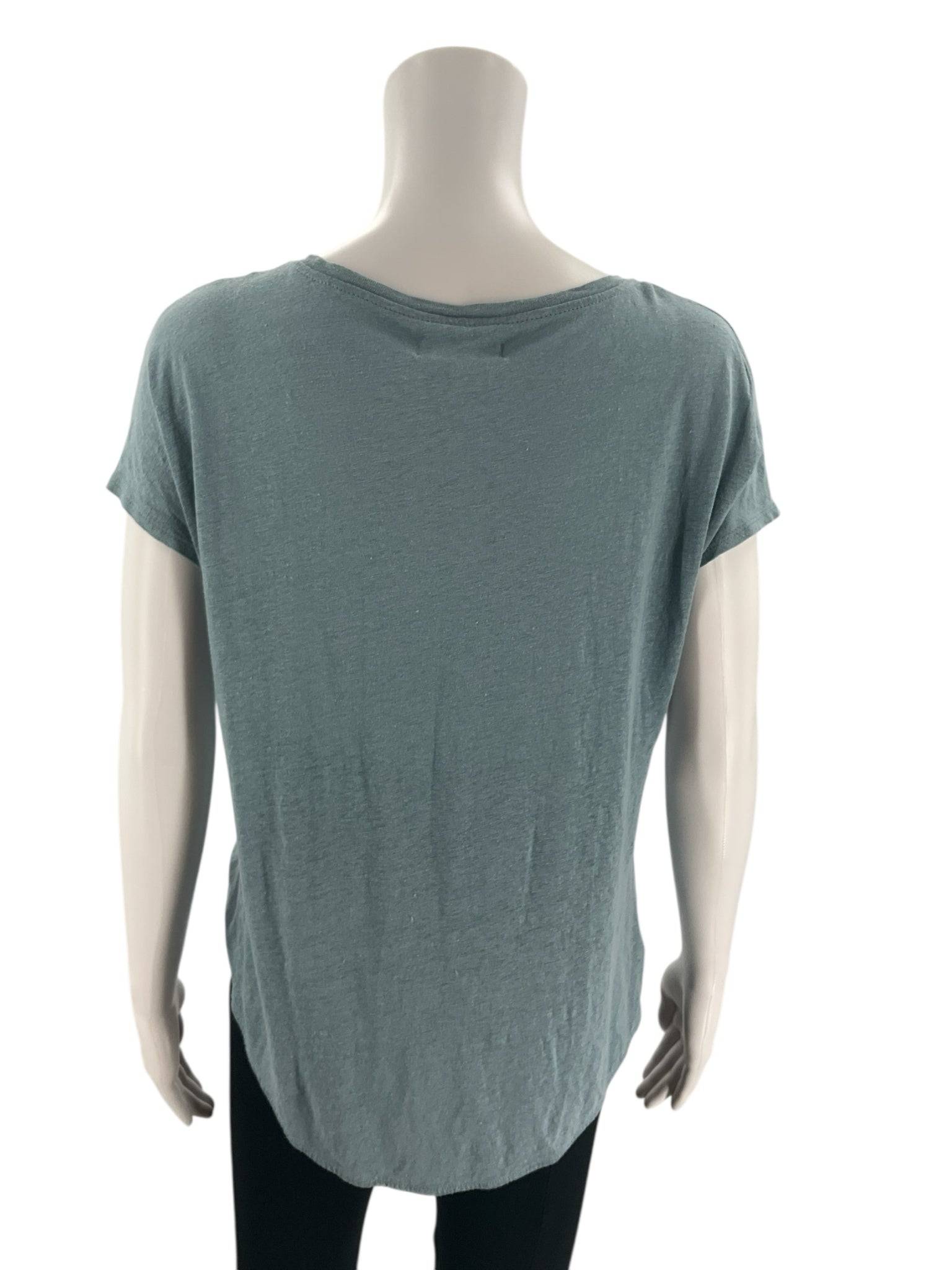 Back view of Loft Blue Heathered Top - Size Small showing curved hem and lightweight linen fabric, ideal for casual layering.