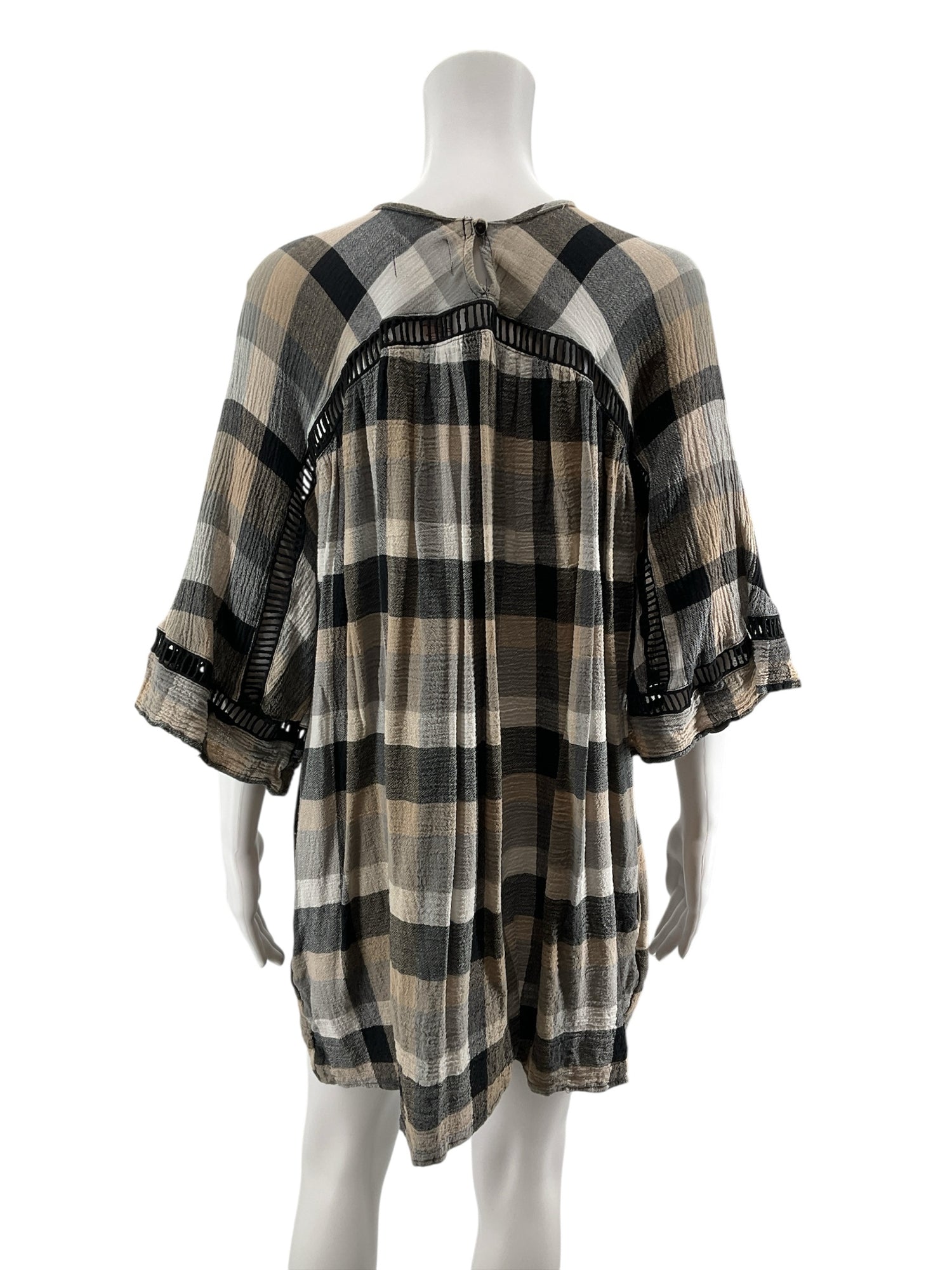 Maeve Anthropologie Plaid Flutter-Sleeve Tunic Dress Size Medium Black Tan Check